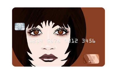 A brunette female with brown eyes decorates a credit care to illustrate the theme of young, or student, credit card holders. This is an illustration isolated on white.