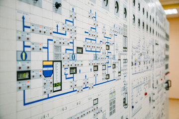 Control panel dashboard of industrial machinery or power plant, selective focus - obrazy, fototapety, plakaty