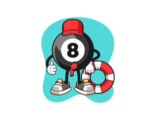 Billiard ball number 8 beach lifeguard cartoon. Mascot Character vector.