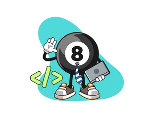 Billiard ball number 8 developer cartoon. Mascot Character vector.