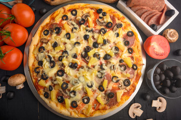 Italian pizza, with ingredients. Cookbook, homemade recipes, restaurant business .horizontal frame