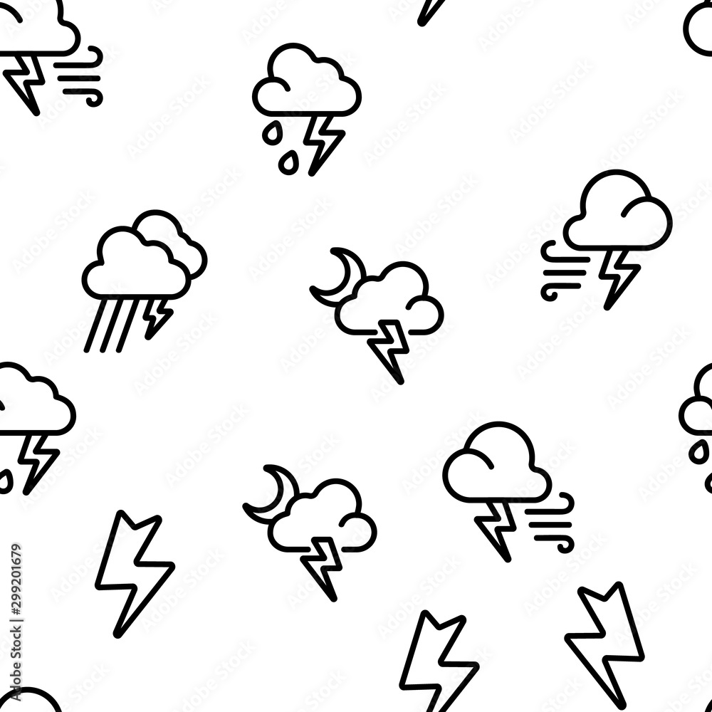 Poster Thunder And Lightning Vector Seamless Pattern Thin Line Illustration