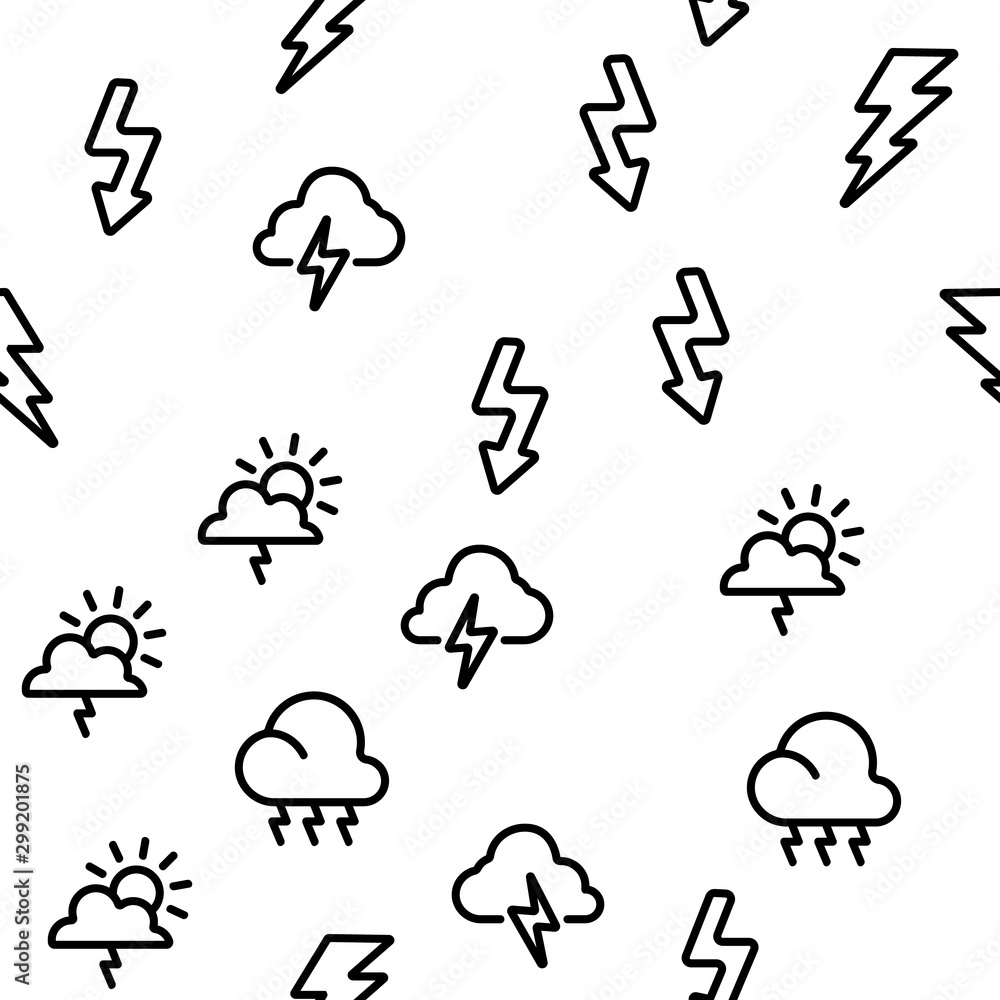Poster Thunder And Lightning Vector Seamless Pattern Thin Line Illustration