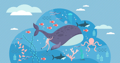 marine life vector illustration. Flat tiny sea or ocean fishes and animals.