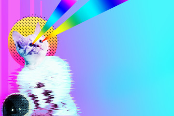 Pop art astronaut cat collage with rainbow rays, trendy contemporary concept design, vibrant vapor...