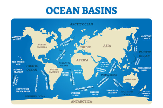 Ocean basin vector illustration. Labeled earth topographic water map scheme