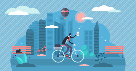 Bike ride vector illustration. Flat tiny cycling work route persons concept - obrazy, fototapety, plakaty