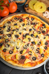 Italian pizza, with ingredients. Cookbook, homemade recipes, restaurant business. Vertical frame