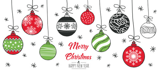 Merry Christmas greeting card red and green with modern baubles. Vector illustration.