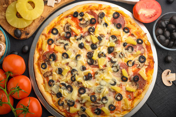 Background from Italian pizza, and ingredients. Pizzeria, restaurant, recipe book, home cooking