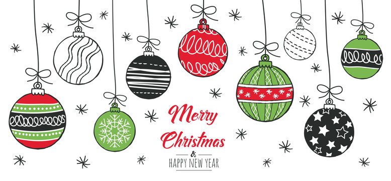 Merry Christmas greeting card red and green with modern baubles. Vector illustration.