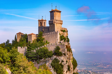 First tower Guaita fortress in the city of San Marino of the Republic of San Marino in sunny day