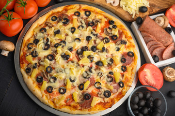 Background from Italian pizza, and ingredients. Pizzeria, restaurant, recipe book, home cooking