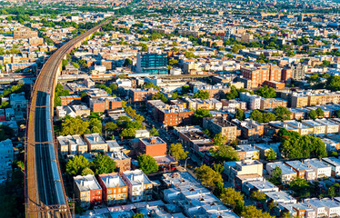 Aerial view of the Hell Gate Bridge over the East River in New York City