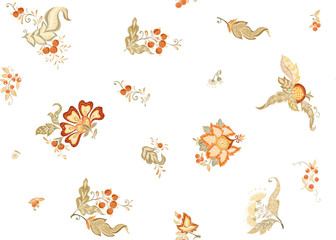 Fantasy floral seamless pattern in jacobean embroidery style, vintage, old, retro style. Vector illustration in soft orange and green colors Isolated on white background.