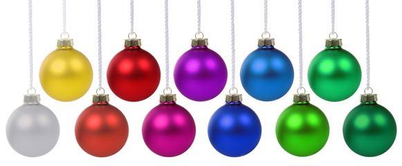 Colorful Christmas decoration balls many baubles hanging isolated