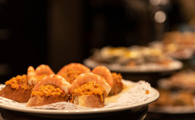 Close-up view of wide variety of tapas in Spain