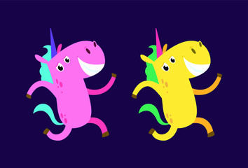 funny unicorn character in the night sky. flat design. vector illustration