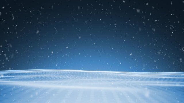 Digital wavy winter season landscape field with realistic snowfall copy space animation background.
