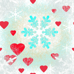 Christmas seamless pattern of red hearts, white and turquoise snowflakes and delicate golden and blue spider webs. Winter holiday pattern.