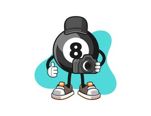 Billiard ball number 8 photographer cartoon. Mascot Character vector.