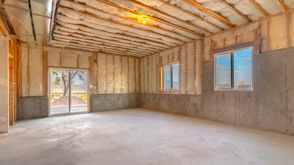 Panorama frame Interior of home construction ready for cladding