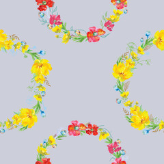 PATTERN WATERCOLOR wreaths of yellow and red Flowers ON a green BACKGROUND