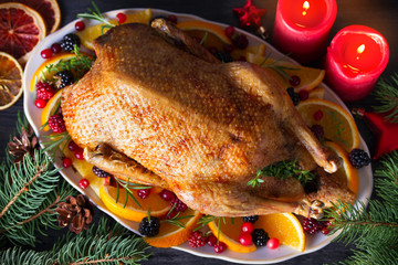 Whole roasted duck with oranges, berries and herbs. Christmas decorations. Dish for Christmas Eve. View from above, top view