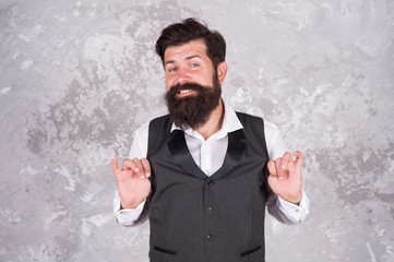 Say OK to better smile. Bearded man smile on abstract wall. Happy guy with white smile. Hipster...