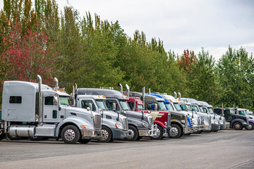 Different big rigs semi trucks standing in row on parking lot with trees on the background © vit