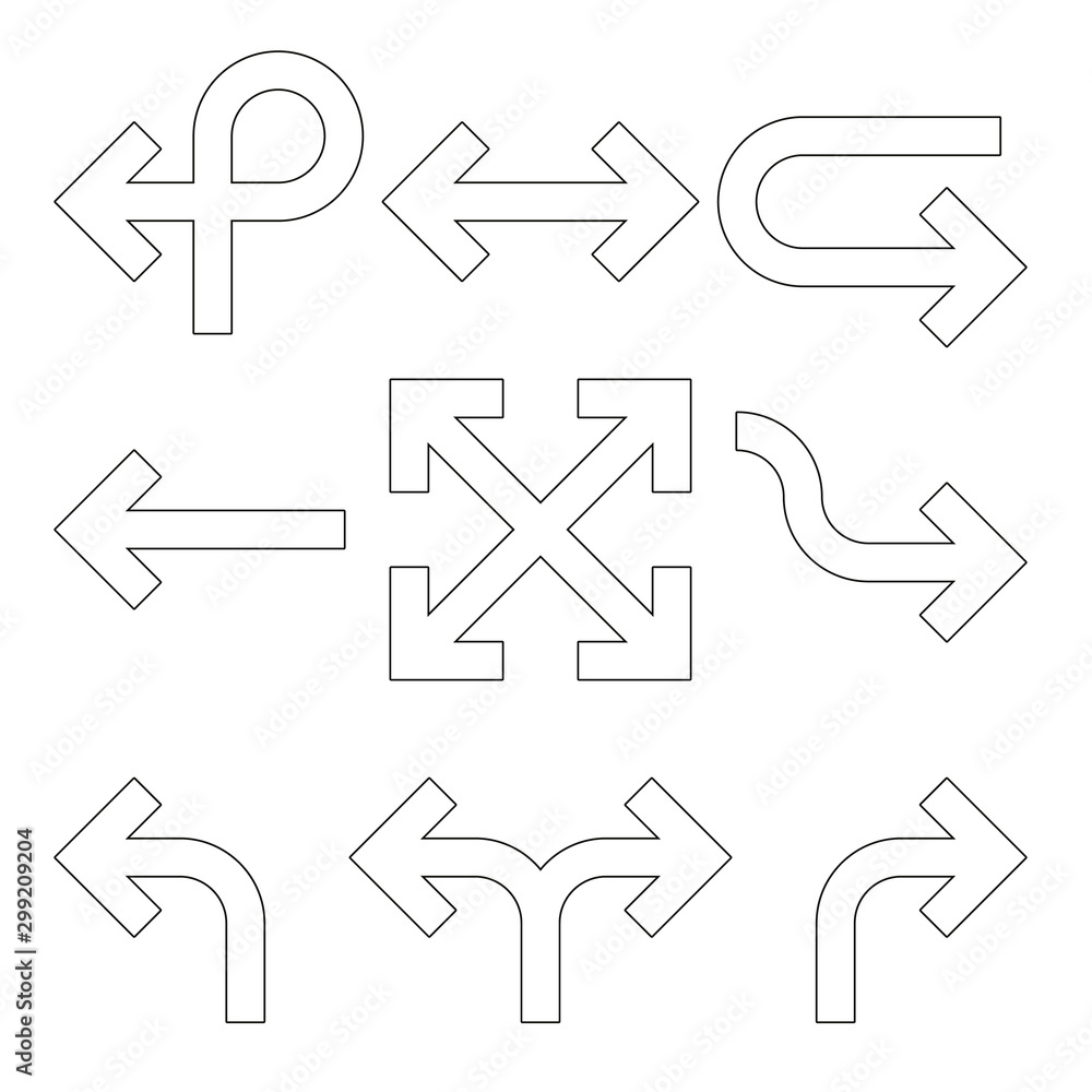 Poster set of arrows. simple black outline arrow design. flat vector icons