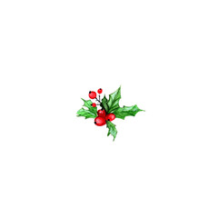 Watercolor illustration of green  holly plant with red berries isolated on white background.  The christmas symbol. For Christmas or new year decoration.