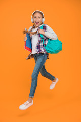 Flying like arrow to lesson. Energetic child hurry to music lesson. Little cute girl run to school lesson. Private lesson flyer. Back to school. E-learning. Online education