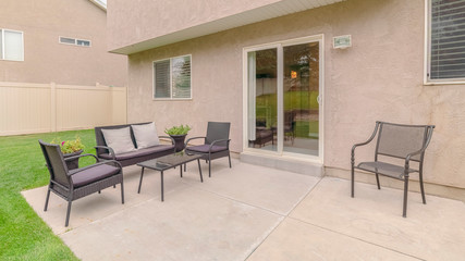Fototapeta na wymiar Panorama frame Garden furniture on an exterior paved deck
