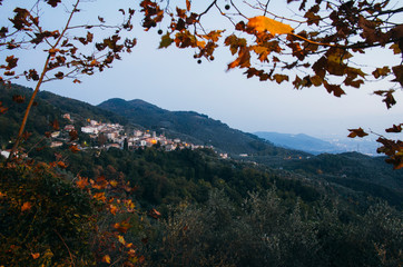 Little village of Capezzano Monte in the Apuan alps , spares foliages in the foreground, Lucca,...