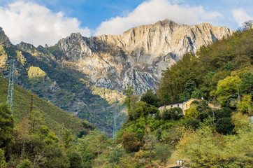 Winding road in autumnal context, with green yellow foliage, travel and getaway theme