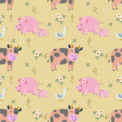 Cute animal farm cow pig duck seamless pattern