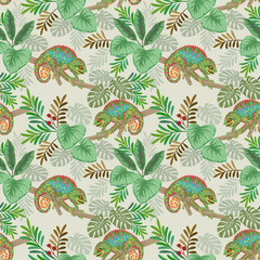 Lizard with tropical leaf seamless pattern.
