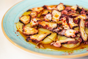 Pulpo a la gallega, an octopus with boiled potatoes, typical Spanish Galician dish. Close up photo. Gastronomy concept.
