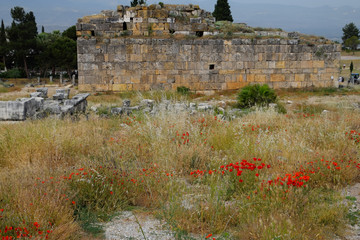 remains of the ancient antique buildings of Hierapolis from limestone blocks, dilapidated walls.