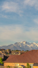 Vertical frame Stunning view of a snow covered mountain with houses and trees in the foreground