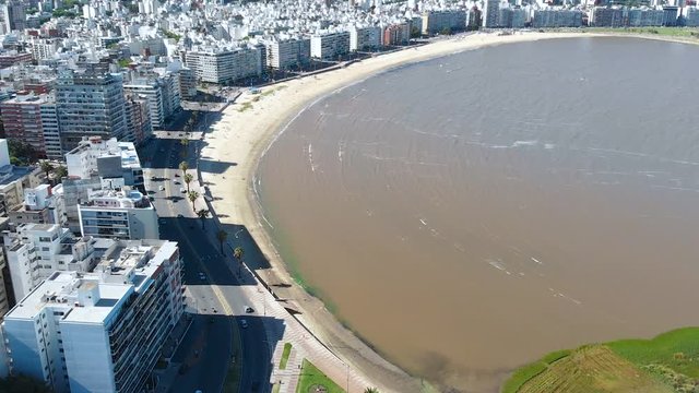 Los Pocitos Beach, bay Rio de la Plata, Promenade Rambla, Montevideo aerial view