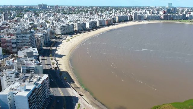 Los Pocitos Beach, bay Rio de la Plata, Promenade Rambla, Montevideo aerial view