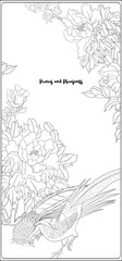 Peony tree branch with flowers with pheasants in the style of Chinese painting on silk Coloring page for the adult coloring book. Outline hand drawing vector illustration..