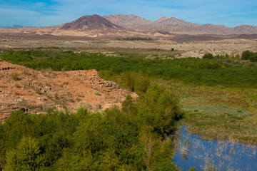 A large marsh and colorful mountains at Lake Mead National Recreation Area in Nevada