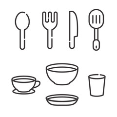 Set of utensil vector illustration with simple black line design such as spoon, fork, knife, bowl and more. utensil icon