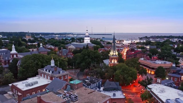 Aerial drone footage of Annapolis, Maryland early in the morning. Annapolis is the capital of the U.S. state of Maryland, as well as the county seat of Anne Arundel County.