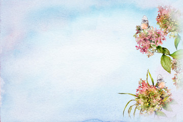 watercolor pink hydrangeas with butterflies - 299215038