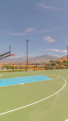 Vertical Outdoor turf basketball court on sunny, clear day