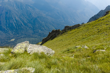 Fototapeta premium View from hiking trail from Kupen peaks to Orlovets peak, Rila Mountain